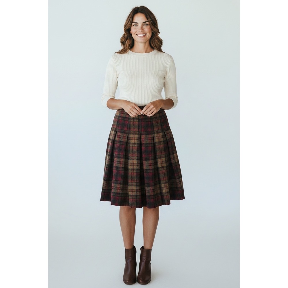 Vintage Pendleton Wool Pleated Plaid Skirt Brown Red Tartan A-Line Midi 28 Waist